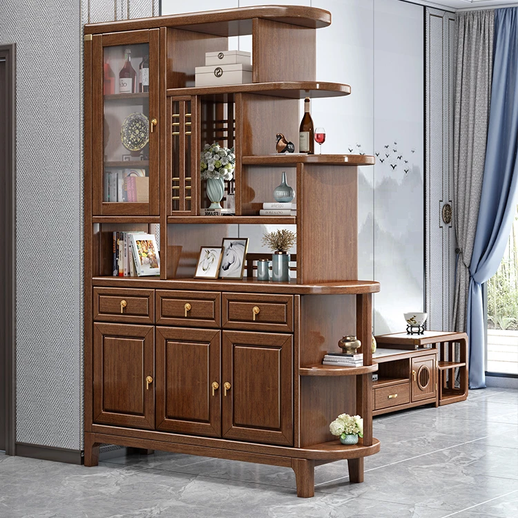 迪美尔新中式实木入户门玄关柜隔断柜胡桃木双面屏风间厅柜220907