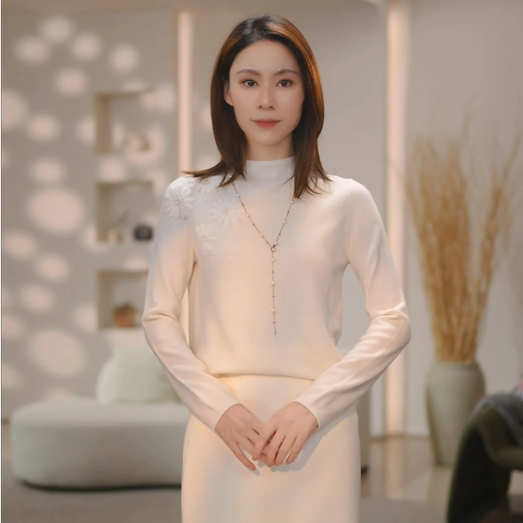 【小杨定制】立体刺绣花朵羊绒羊毛半高领针织气质套头上衣女