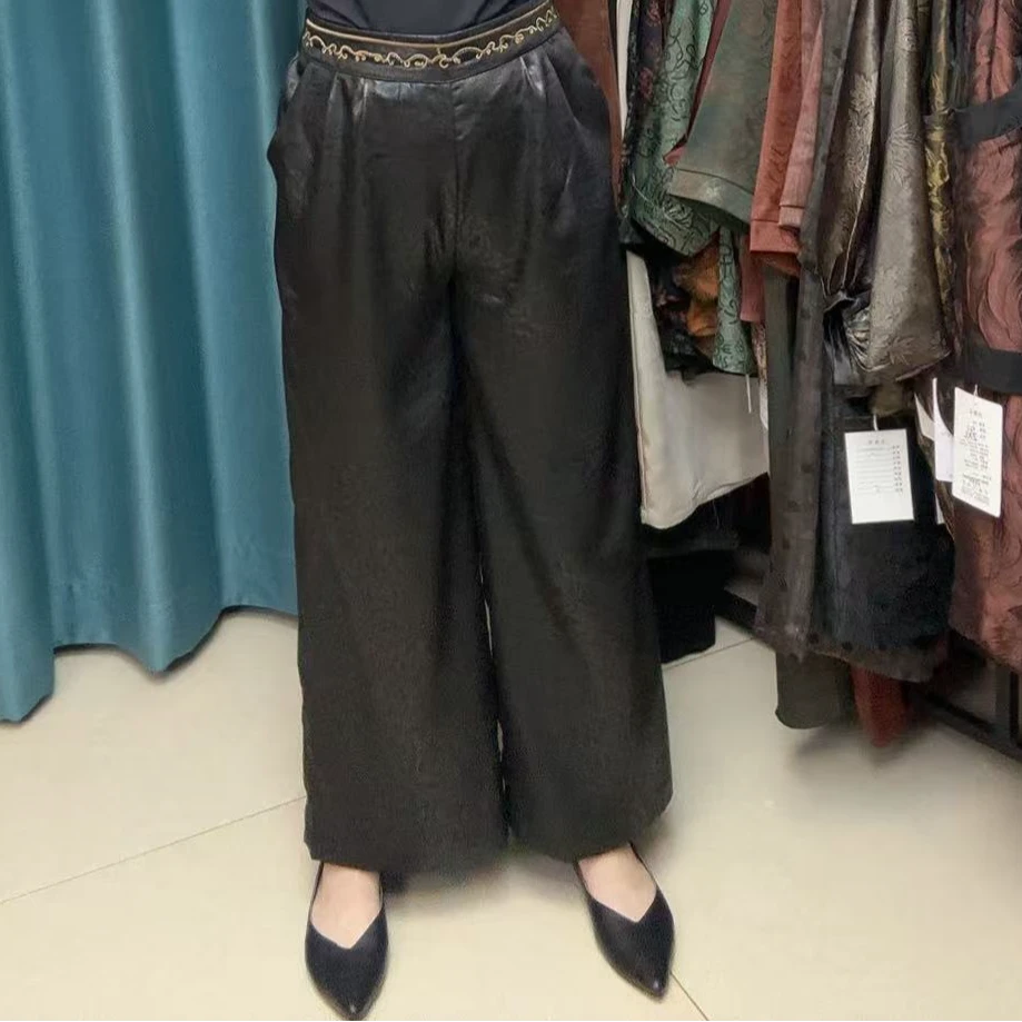 时尚百搭重工刺绣高腰夏季复古休闲裤女士中式长裤黑色宽松阔腿裤