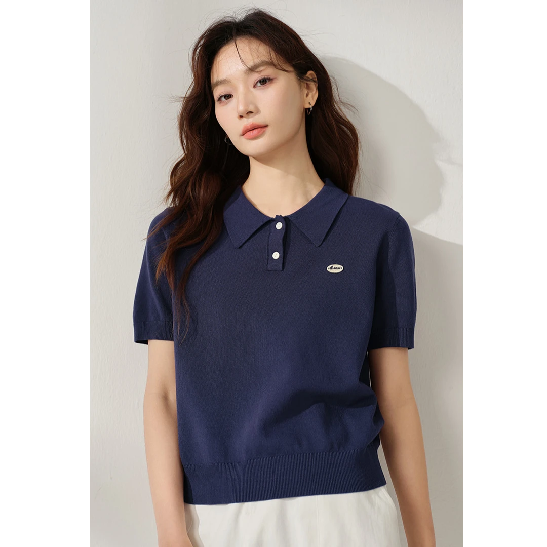 【年终狂欢购】茵曼夏季POLO领短袖针织衫女舒适透气学院风薄款上