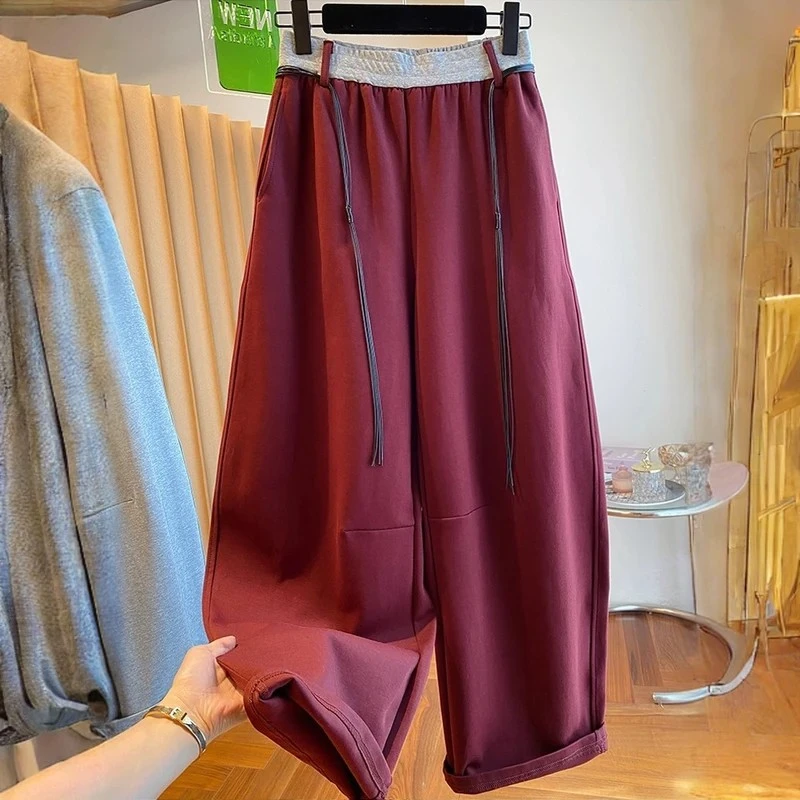 高级感红色卫裤女加绒新款秋季宽松休闲运动裤百搭弯刀裤香蕉长裤