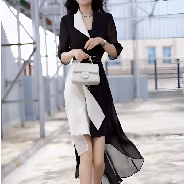 气质时尚连衣裙收腰拼接洋气显瘦中长款女裙轻奢女神小众连衣裙