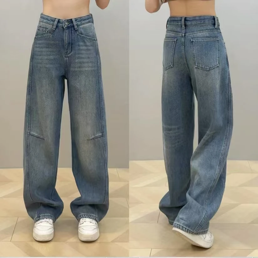 2025秋季欧货浅蓝弯刀牛仔裤弧形设计胖mm高腰显瘦百搭阔腿裤长裤