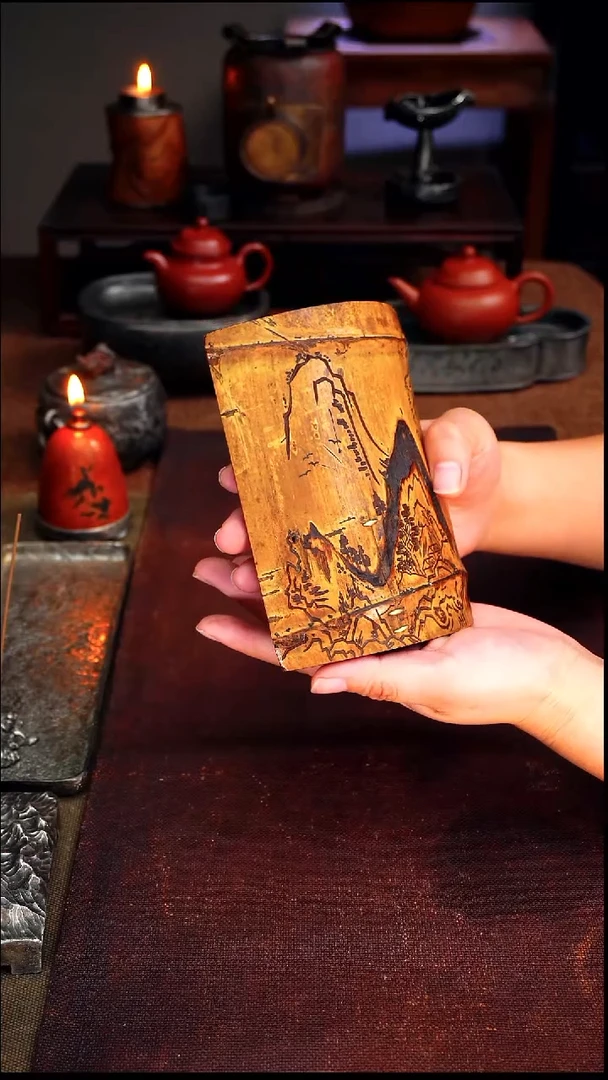 9853竹包锡茶则雕刻山山川川