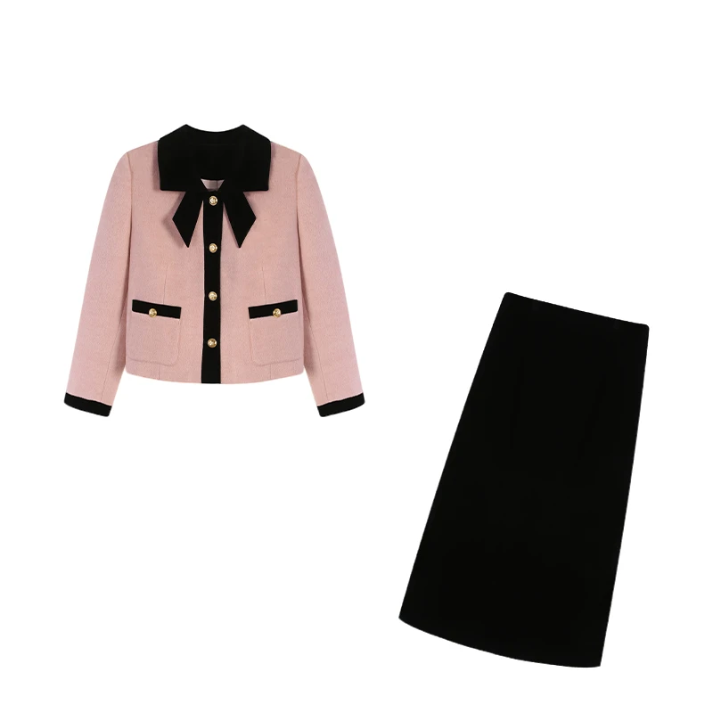 【五季家】法式赫本蝴蝶结小香风加厚外套长半裙两件套ZL101411