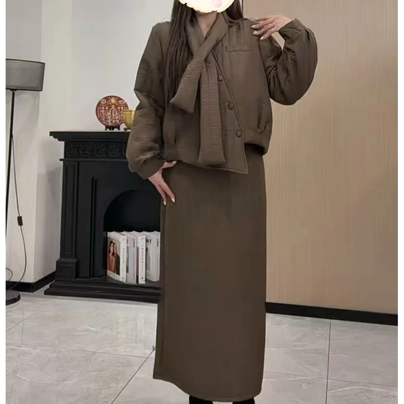 70681围巾不规则棉服外套半身裙套装冬新款显瘦慵懒风宽松女装NJ