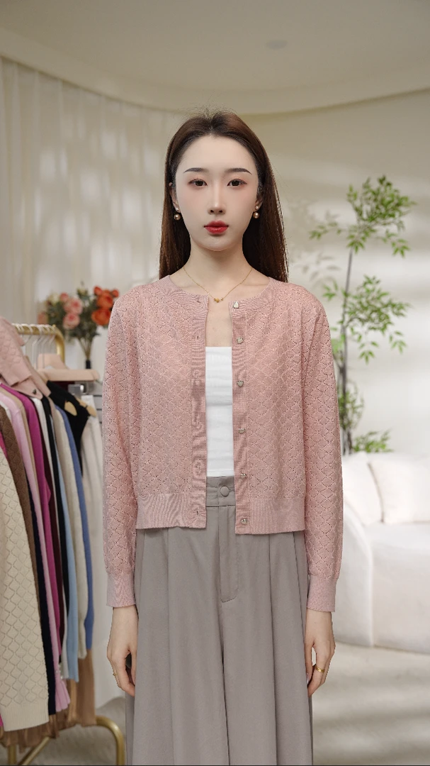 【秋罗兰】春季新款轻薄镂空气质高品质纯色羊毛针织开衫