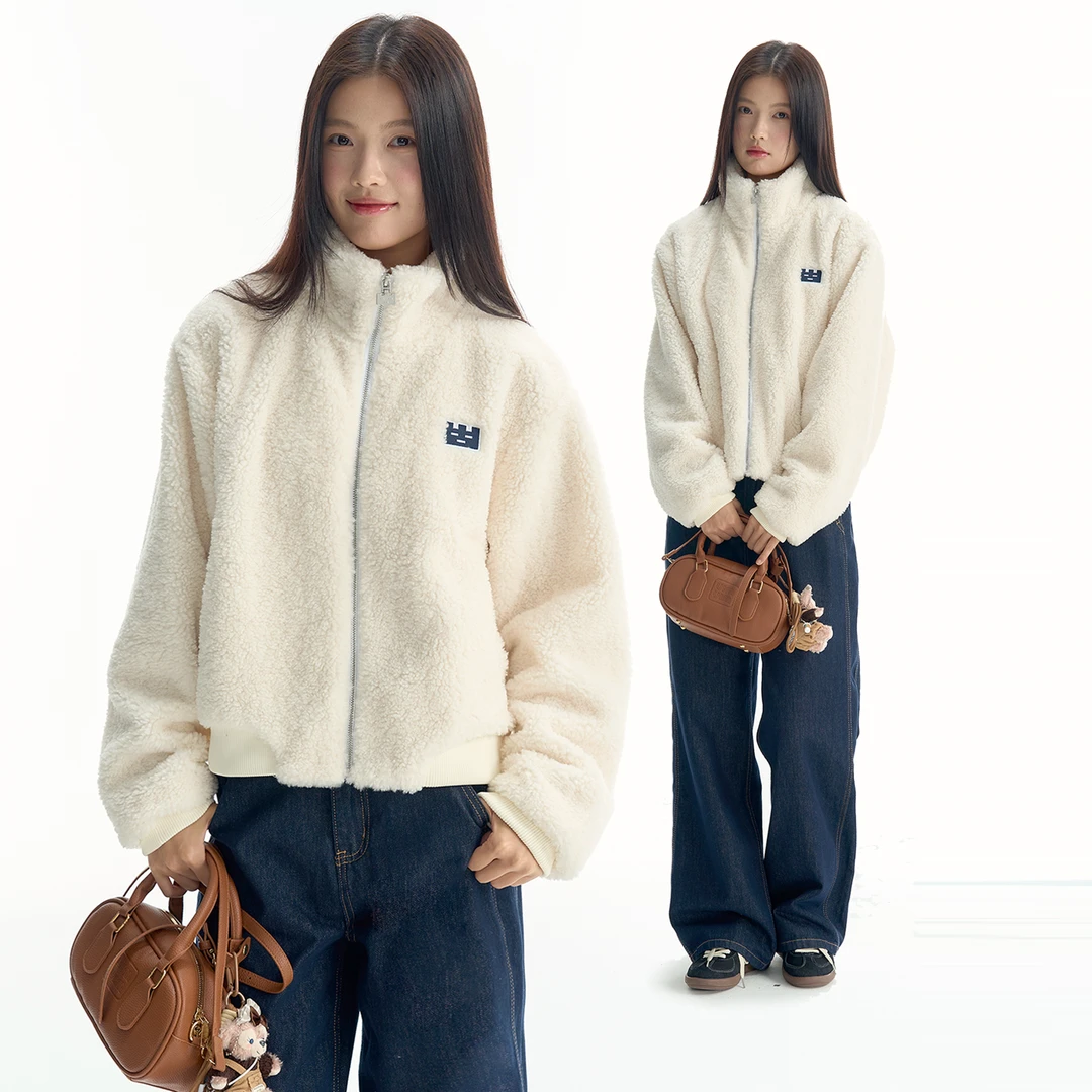 TGWALL「雪人」立领绣花韩系甜美毛绒上衣短款外套宽松羊羔绒女