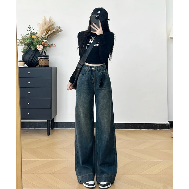 乔栈美式复古小个子直筒牛仔裤女秋冬新款高腰显瘦宽松刺绣阔腿裤