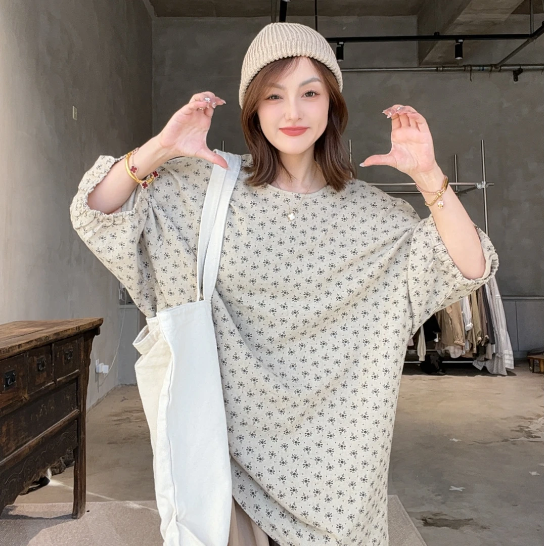 韩国新款碎花麻上衣