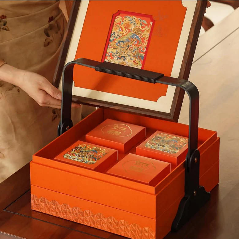 如愿橙色红色提篮8粒装27.5x27.5x13.8月饼礼盒HL50776(8)