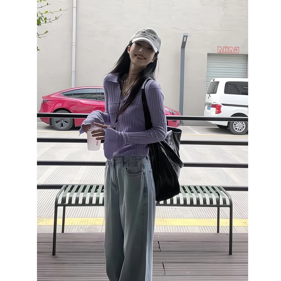 韩系紫色翻领长袖针织衫2025秋季新款修身上衣显瘦直筒宽松牛仔裤