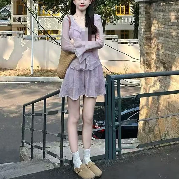 婷婷家夏季穿搭高级感漂亮独特紫色荷叶边长袖衬衫半身裙套装