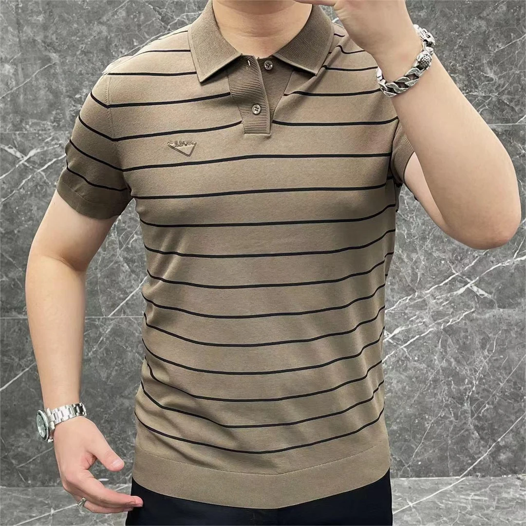 欧货男士针织衫短袖商务休闲夏季透气条纹POLO领上衣修身经典百搭