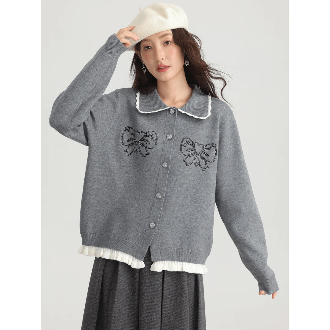 爱蔷薇大码蝴蝶结刺绣灰色针织衫开衫毛衣女冬娃娃领上衣GT75048