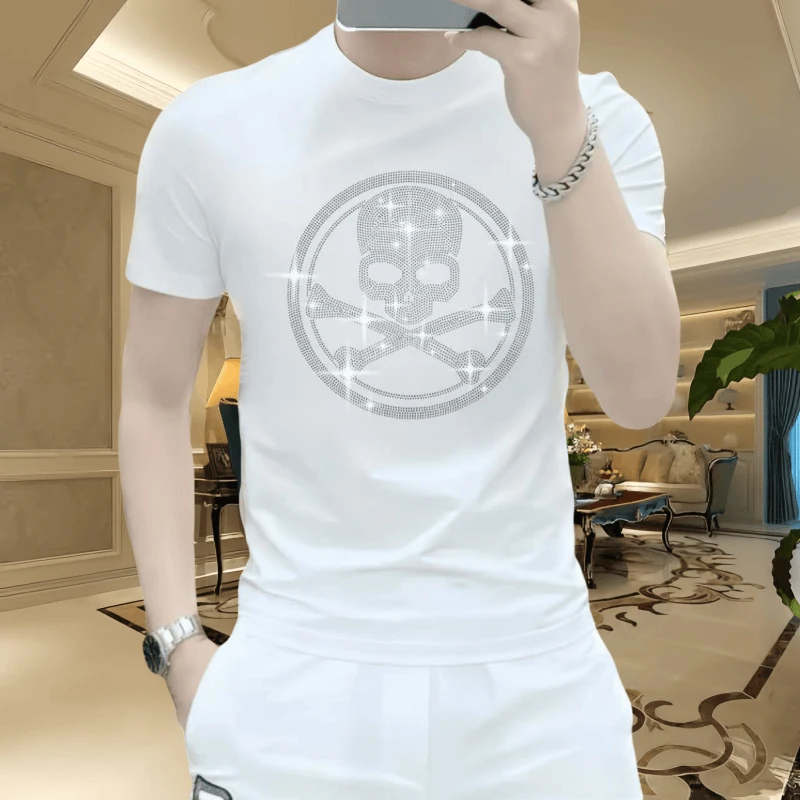 欧洲站新款冰丝轻奢百搭帅气修身圆领时尚休闲夏季潮流短袖T恤男