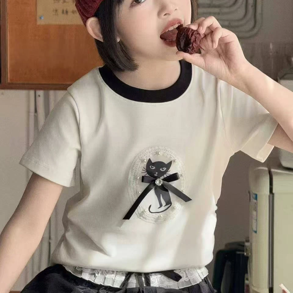 熙爱2025夏季中大童韩系卡通小猫钉珠蕾丝设计感潮T恤短袖25917