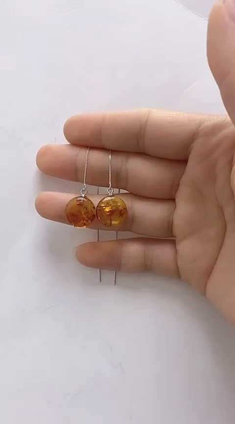 【闪购商品】琥珀裸石银S925镶嵌花珀耳线