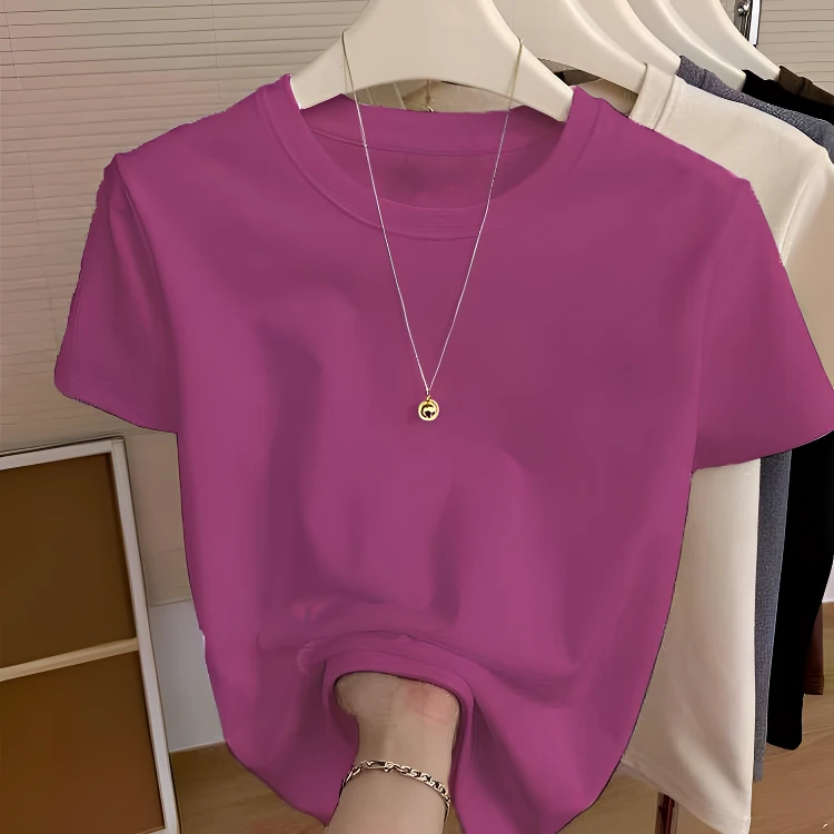 休闲衣服女纯棉正肩短袖新款t恤修身显瘦洋气夏季圆领红色上衣