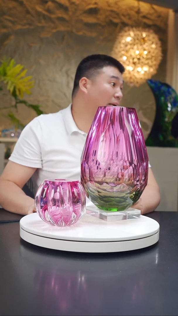 手工艺品琉璃金红绿切面花器+金红南瓜香薰瓶+底座