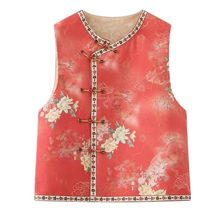 春季新款国风女装皮绒碎花马甲立领斜襟宽松百搭气质复古风上衣