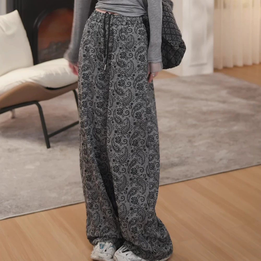 2025夏季新款松紧腰显瘦提花休闲裤百搭阔腿裤裤子女