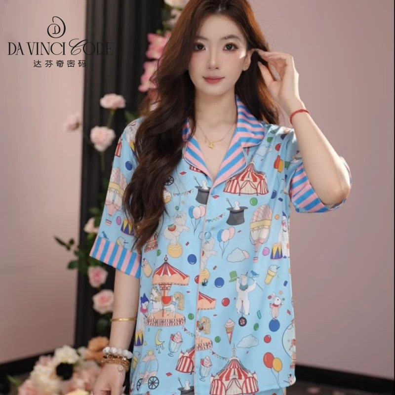 DAVINCIART游乐园夏季睡衣女款爆款2025新款家居服短袖三件套居家