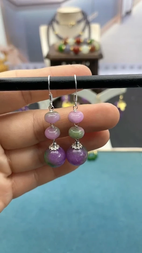 【闪购商品】翡翠耳饰银S925镶嵌春彩三珠耳钩