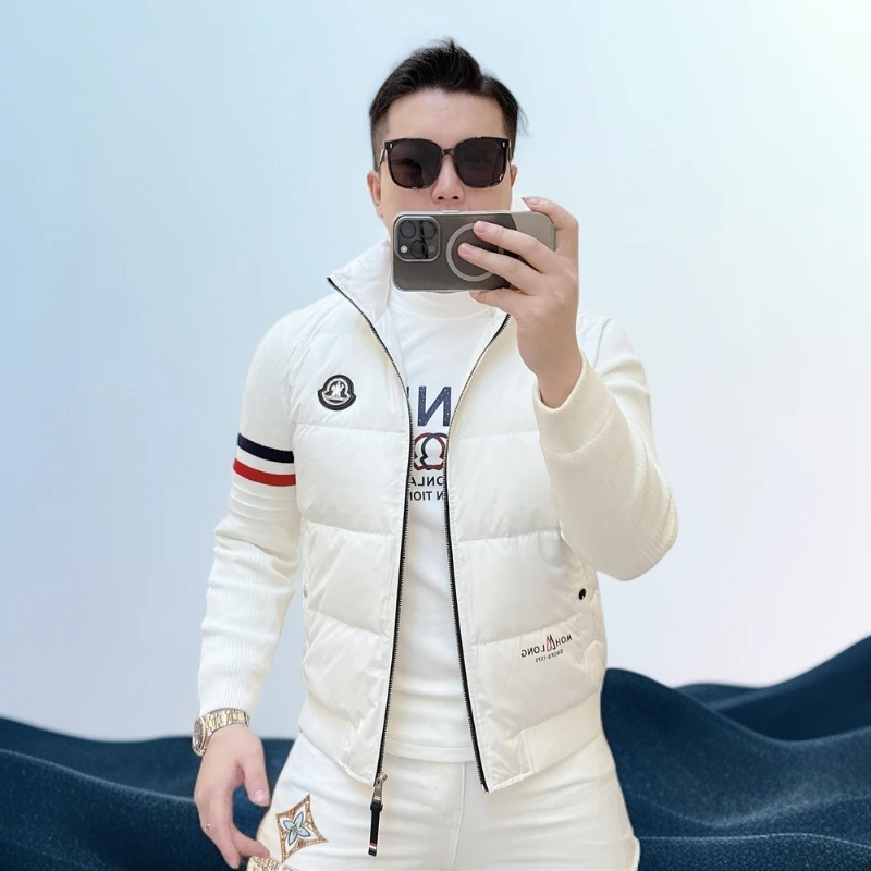 巴赛娜缇男士轻薄羽绒服冬季新款徽章条纹针织袖拼接白鸭绒外套潮
