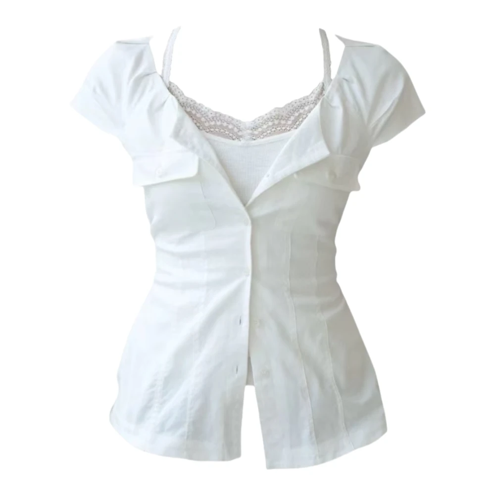 麦麦家 纯欲辣妹修身褶皱拼接衬衫纽扣短袖上衣