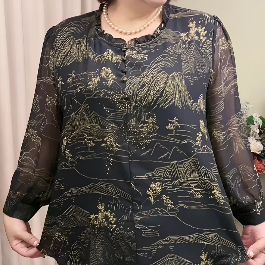 5516大码女装新款早秋时尚200斤穿显瘦山水画印花衬衫女气质上衣
