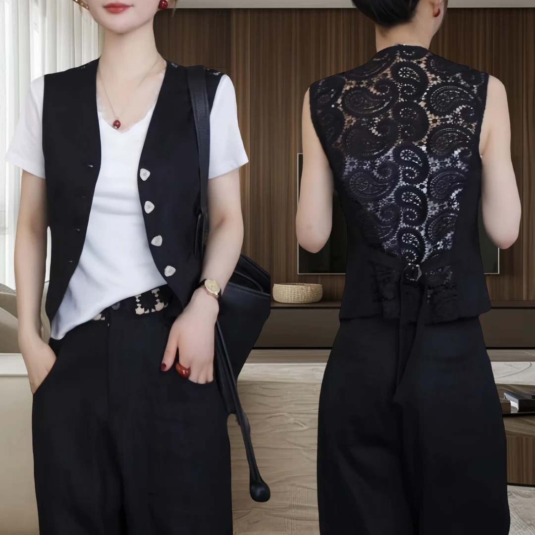 2025春夏新款衣服法式复古蕾丝亚麻西装气质时尚春夏无袖轻奢马甲