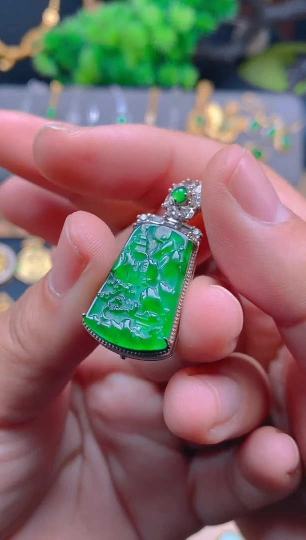 吊坠(不含链)银S925镶嵌翡翠山水