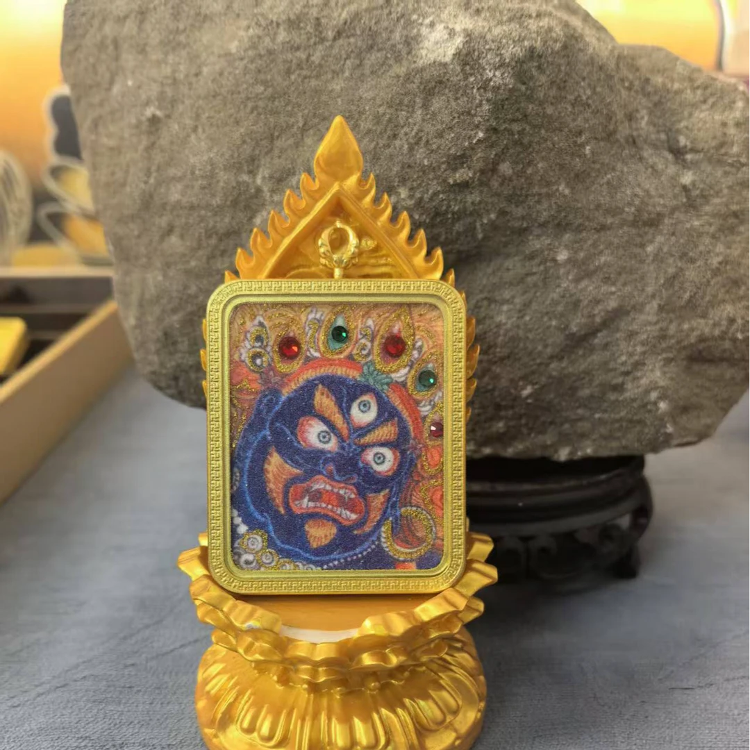 大黑天玛哈嘎拉唐卡手绘描金黄铜壳吊坠唐卡彩唐黑金