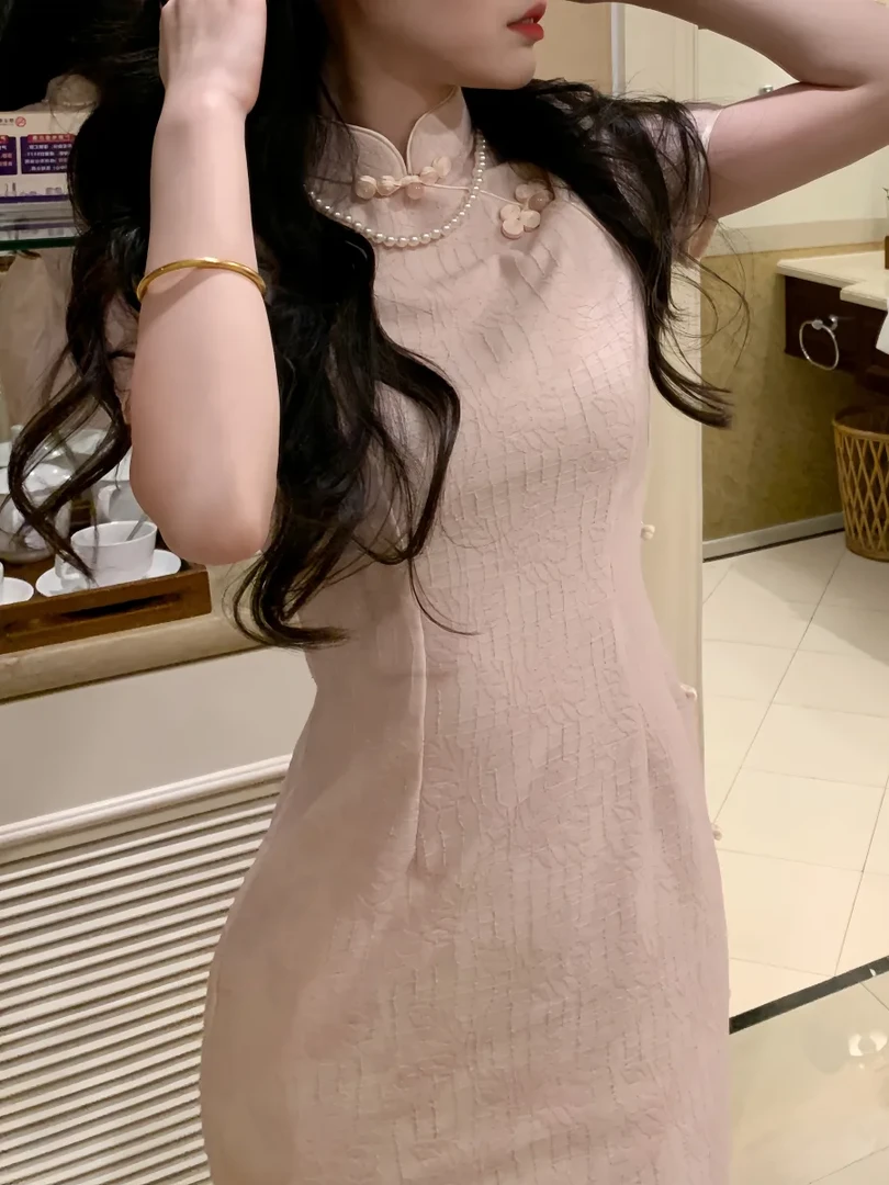 （京妙）125长单层短袖后拉链旗袍修身改良年轻日常穿春夏季少女