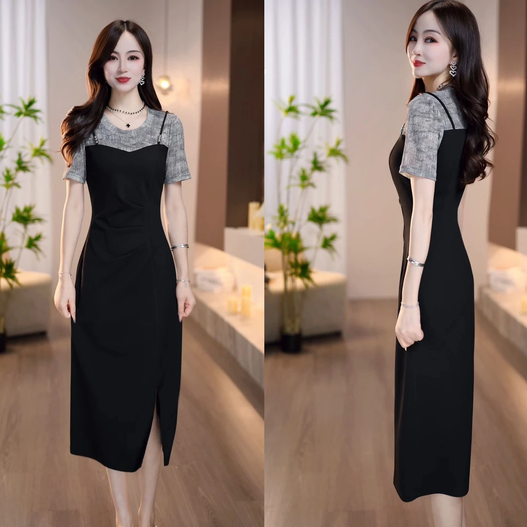 2025夏季新款黑色时髦洋气显瘦小众拼接设计长款修身连衣裙M-4XL