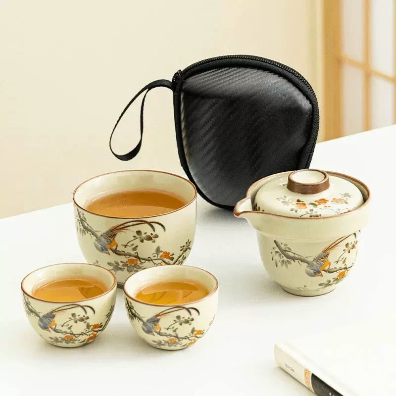 汝窑喜上眉梢旅行茶具便携陶瓷茶壶茶杯套装车载露营户外防烫装