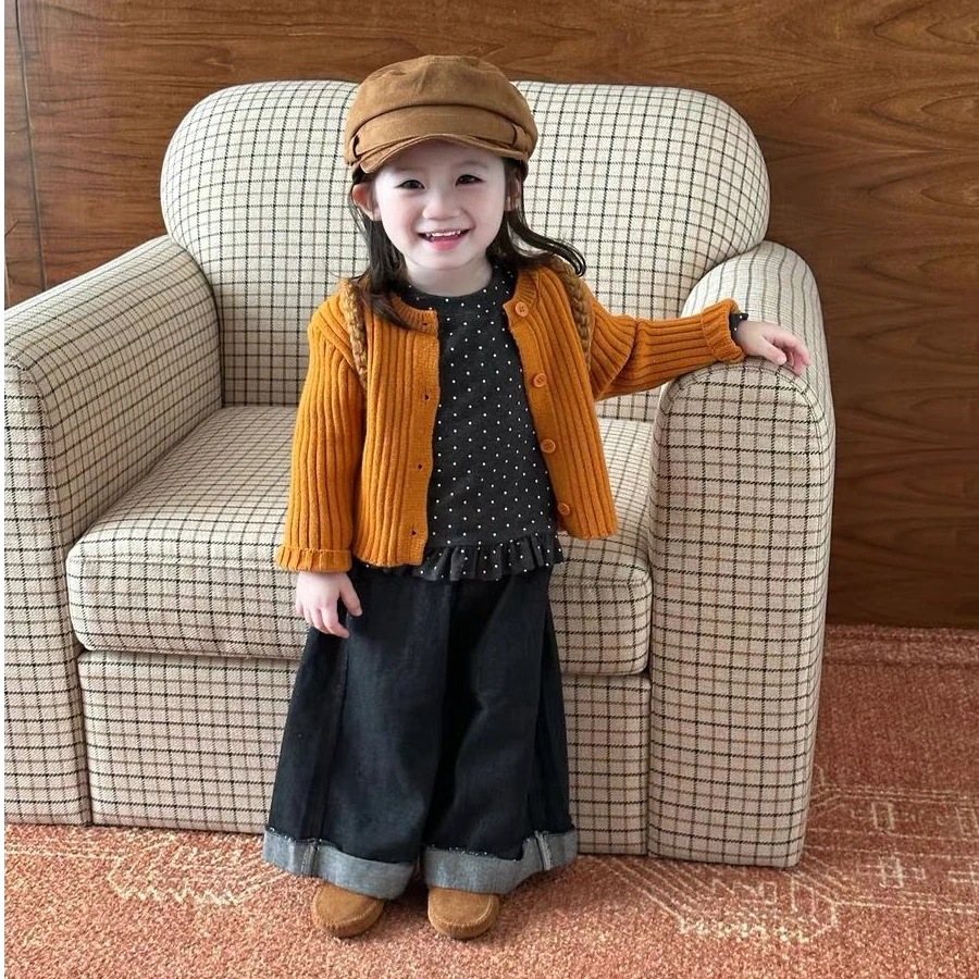 女童套装2025秋装新款女宝宝毛衣开衫波点打底衫儿童牛仔阔腿裤潮