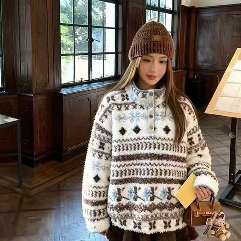 YD-韩系！费尔岛立领卫衣25秋冬新款圈圈毛宽松版休闲上衣女