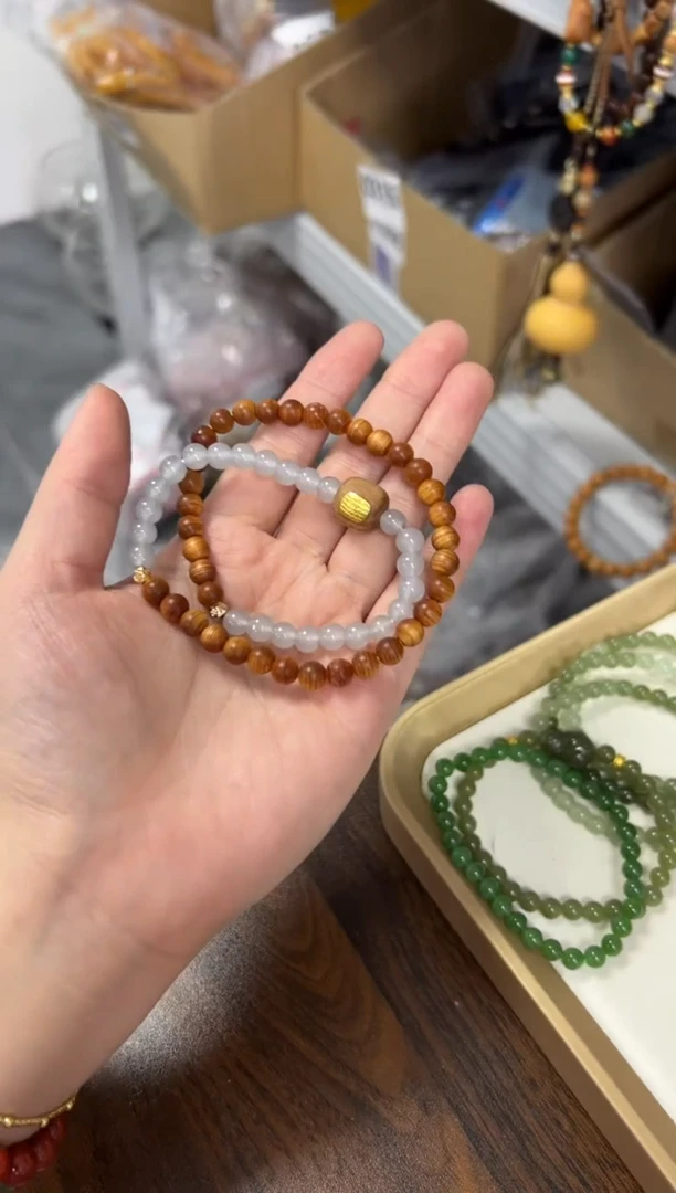 未镶嵌柏木（崖柏）吊坠孤品崖柏玛瑙珠双圈手链[1805]