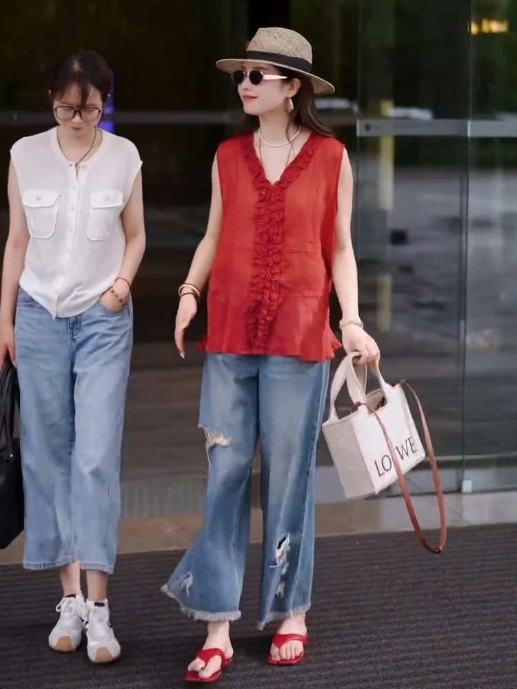 法式独特别致木耳边上衣女夏薄款高级感独特漂亮红色V领无袖衬衫