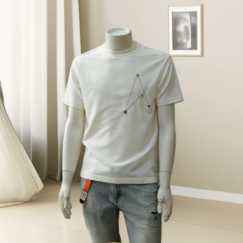 WINEYOTESU日系复古短袖T恤男圆夏纽扣车线休闲纯色个性半袖上衣t