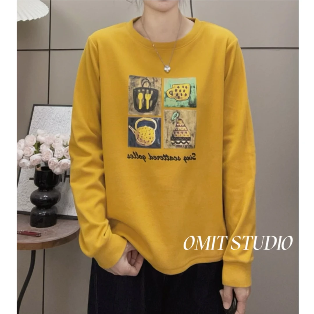 【拼图长袖】新款秋冬磨毛双面绒印花休闲正肩长袖