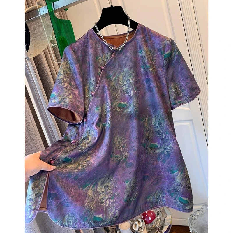 时尚轻奢高级感新中式国风紫色提花短袖衬衫宽松大码上衣女夏新款