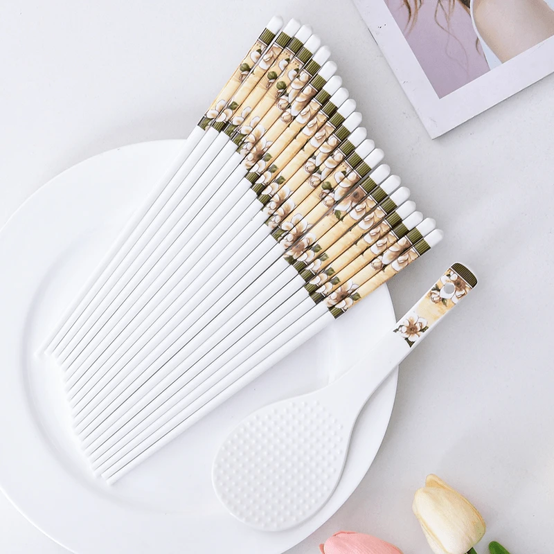 山茶花骨瓷筷子10双+饭勺家用陶瓷中式防霉卫生轻奢高档