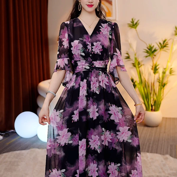 洋气女装裙子气质修身显瘦时尚印花连衣裙25L510