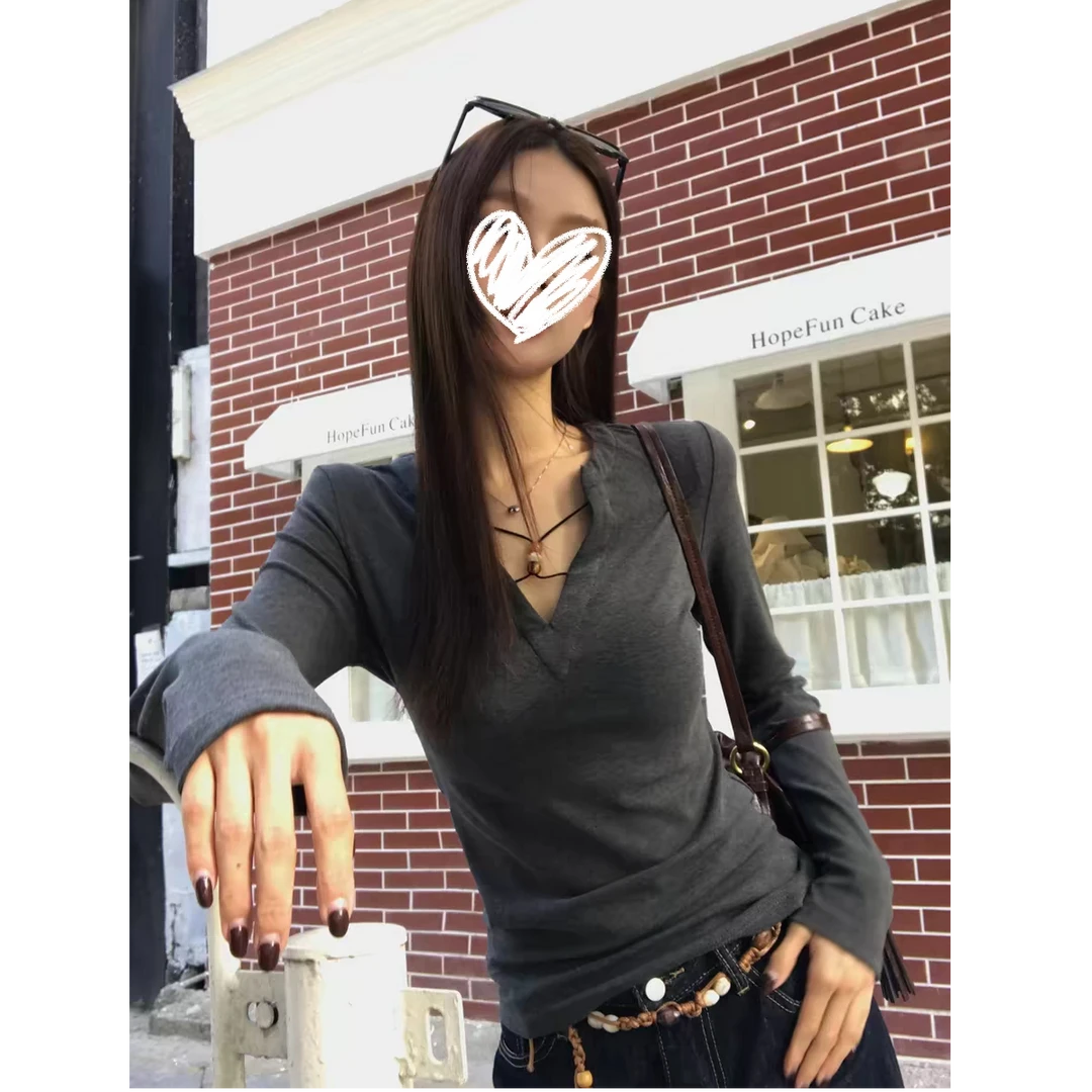 内搭打底衫女2025新款秋冬超好看长袖t恤修身灰色辣妹上衣#Y7965