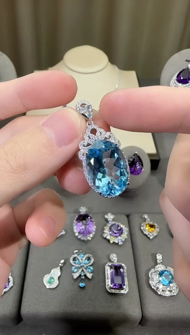 颈饰银S925镶嵌托帕石13*18mm吊坠妖姬蓝