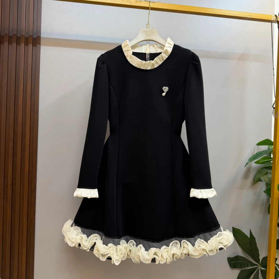 新款大码女装时尚气质名媛风花边设计收腰显瘦连衣裙