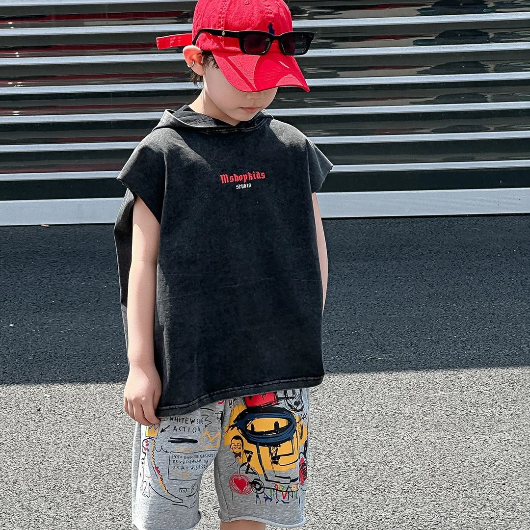 麦哟哟男童运动夏季连帽潮流无袖印花休闲个性insT恤背心宽松